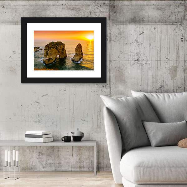 Sunset On Raouche Pigeons Rock Canvas Wall Art-5 Horizontal-Gallery Wrap-22" x 12"-Tiaracle
