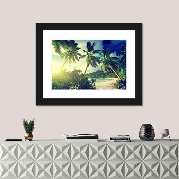Sunset On The Beach Takamaka Mahe Island Canvas Wall Art-1 Piece-Framed Print-20" x 16"-Tiaracle