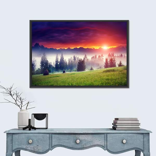 Sunset On The Hilly Place Canvas Wall Art-1 Piece-Floating Frame-24" x 16"-Tiaracle