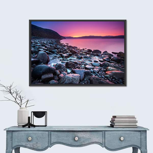 Sunset On The Stone Coast Canvas Wall Art-1 Piece-Floating Frame-36" x 24"-Tiaracle