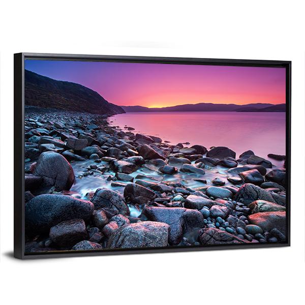 Sunset On The Stone Coast Canvas Wall Art-5 Horizontal-Gallery Wrap-22" x 12"-Tiaracle