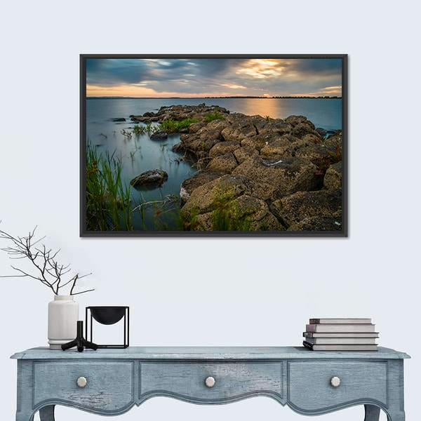 Sunset Over A Stone Pier In Lake Colac Canvas Wall Art-1 Piece-Floating Frame-24" x 16"-Tiaracle