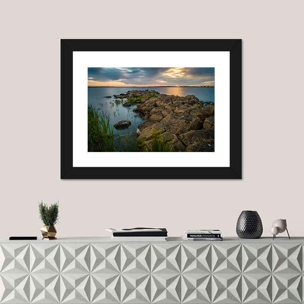 Sunset Over A Stone Pier In Lake Colac Canvas Wall Art-1 Piece-Framed Print-20" x 16"-Tiaracle