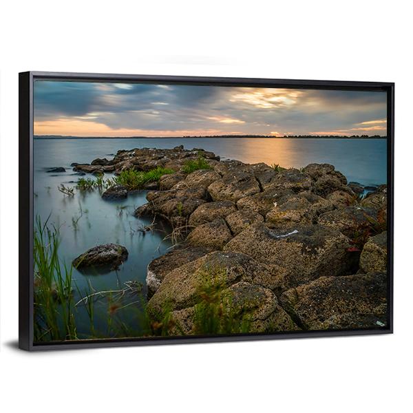 Sunset Over A Stone Pier In Lake Colac Canvas Wall Art-3 Horizontal-Gallery Wrap-25" x 16"-Tiaracle