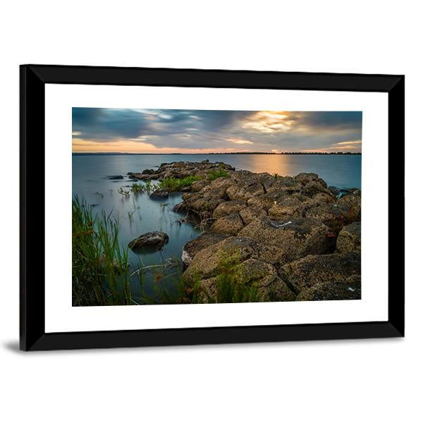 Sunset Over A Stone Pier In Lake Colac Canvas Wall Art-3 Horizontal-Gallery Wrap-25" x 16"-Tiaracle