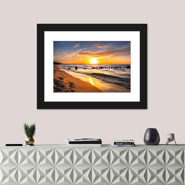 Sunset Over Baltic Sea Beach Canvas Wall Art-1 Piece-Framed Print-20" x 16"-Tiaracle