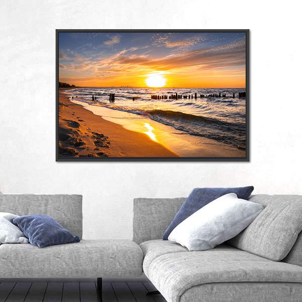 Sunset Over Baltic Sea Beach Canvas Wall Art-3 Horizontal-Gallery Wrap-25" x 16"-Tiaracle