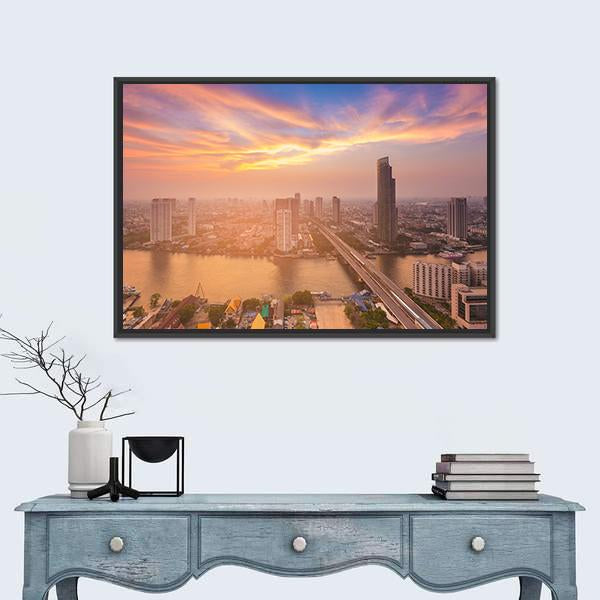 Sunset Over Bangkok City Canvas Wall Art-1 Piece-Floating Frame-36" x 24"-Tiaracle