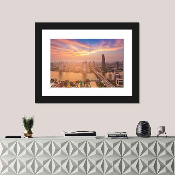 Sunset Over Bangkok City Canvas Wall Art-1 Piece-Framed Print-42" x 14"-Tiaracle