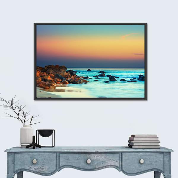 Sunset Over Blue Sea Canvas Wall Art-1 Piece-Floating Frame-24" x 16"-Tiaracle