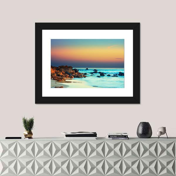 Sunset Over Blue Sea Canvas Wall Art-1 Piece-Framed Print-20" x 16"-Tiaracle