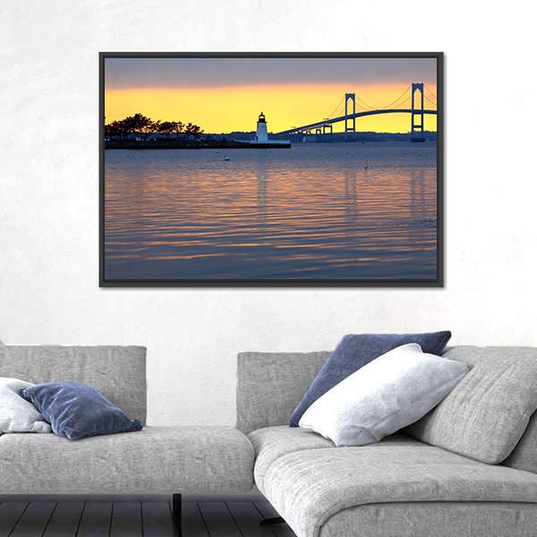 Sunset Over Bridge And Lighthouse Canvas Wall Art-3 Horizontal-Gallery Wrap-25" x 16"-Tiaracle
