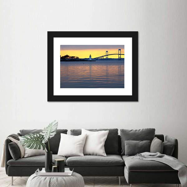 Sunset Over Bridge And Lighthouse Canvas Wall Art-3 Horizontal-Gallery Wrap-25" x 16"-Tiaracle