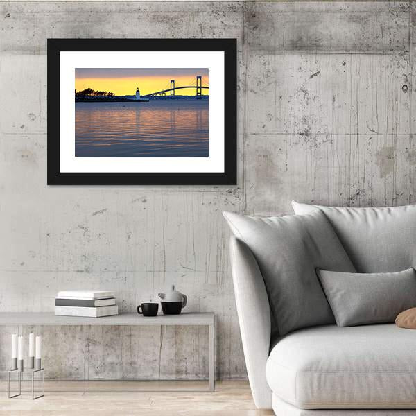 Sunset Over Bridge And Lighthouse Canvas Wall Art-3 Horizontal-Gallery Wrap-25" x 16"-Tiaracle