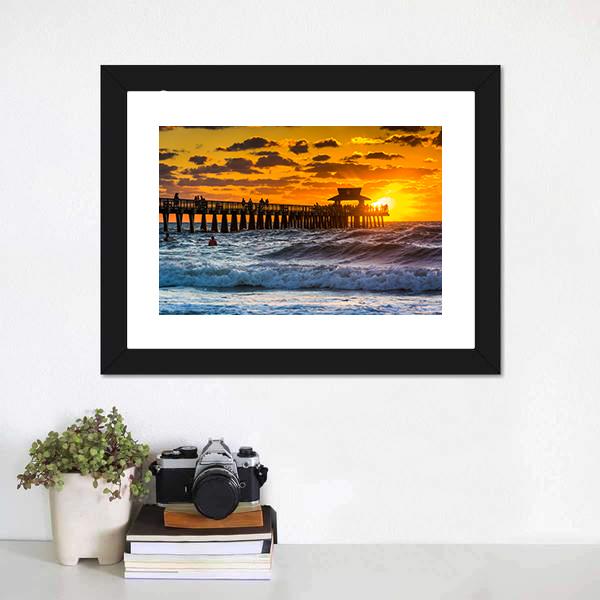 Sunset Over Fishing Pier Canvas Wall Art-1 Piece-Framed Print-30" x 20"-Tiaracle