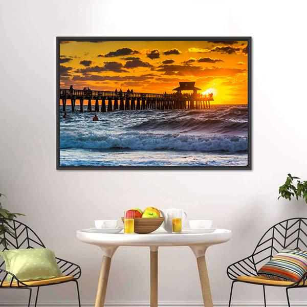 Sunset Over Fishing Pier Canvas Wall Art-5 Horizontal-Gallery Wrap-22" x 12"-Tiaracle