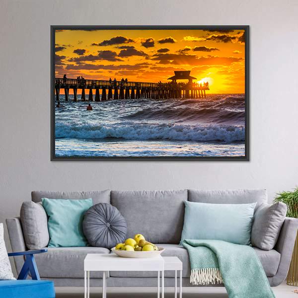 Sunset Over Fishing Pier Canvas Wall Art-5 Horizontal-Gallery Wrap-22" x 12"-Tiaracle