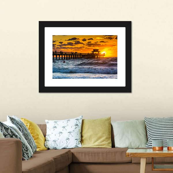 Sunset Over Fishing Pier Canvas Wall Art-5 Horizontal-Gallery Wrap-22" x 12"-Tiaracle