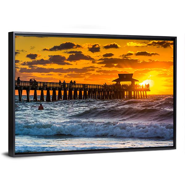 Sunset Over Fishing Pier Canvas Wall Art-5 Horizontal-Gallery Wrap-22" x 12"-Tiaracle