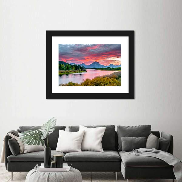 Sunset Over Grand Tetons Canvas Wall Art-5 Horizontal-Gallery Wrap-22" x 12"-Tiaracle