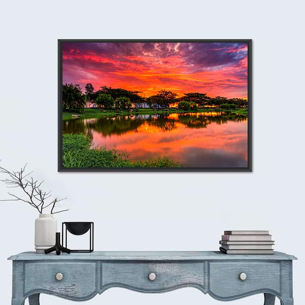 Sunset Over Lake With Reflection Of Tree Canvas Wall Art-1 Piece-Floating Frame-24" x 16"-Tiaracle