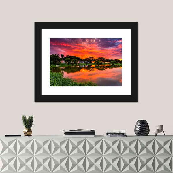 Sunset Over Lake With Reflection Of Tree Canvas Wall Art-1 Piece-Framed Print-20" x 16"-Tiaracle