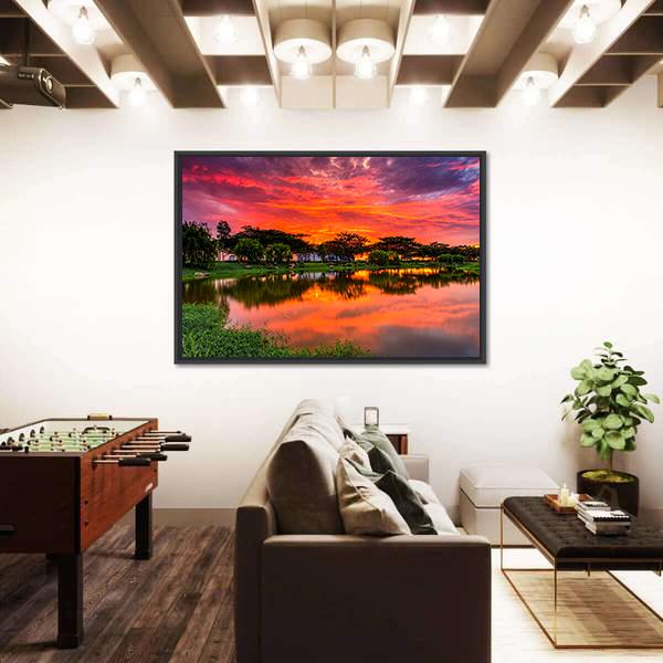 Sunset Over Lake With Reflection Of Tree Canvas Wall Art-5 Horizontal-Gallery Wrap-22" x 12"-Tiaracle