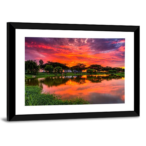 Sunset Over Lake With Reflection Of Tree Canvas Wall Art-5 Horizontal-Gallery Wrap-22" x 12"-Tiaracle