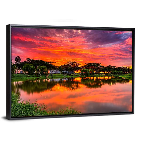 Sunset Over Lake With Reflection Of Tree Canvas Wall Art-5 Horizontal-Gallery Wrap-22" x 12"-Tiaracle