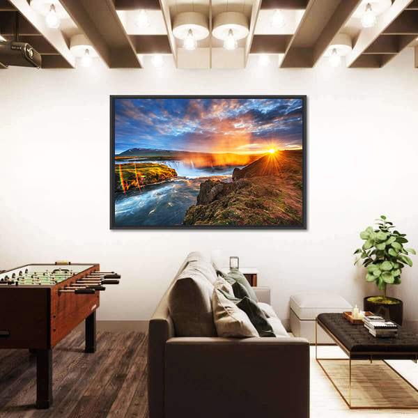 Sunset Over Landscapes And Waterfalls Canvas Wall Art-1 Piece-Floating Frame-36" x 24"-Tiaracle
