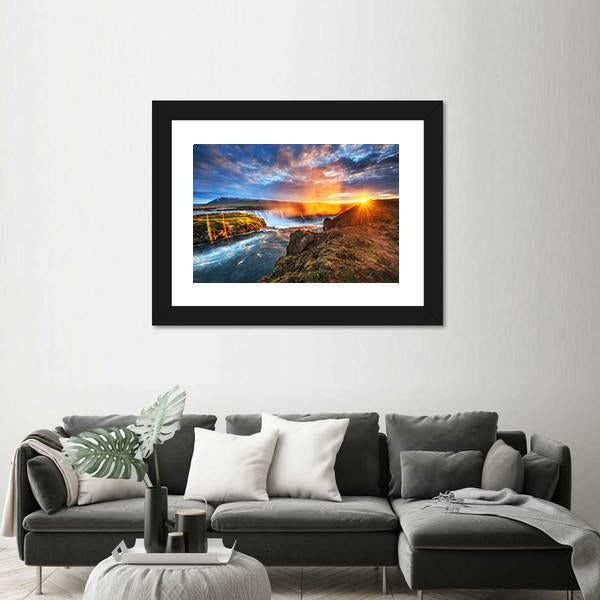 Sunset Over Landscapes And Waterfalls Canvas Wall Art-1 Piece-Framed Print-42" x 14"-Tiaracle