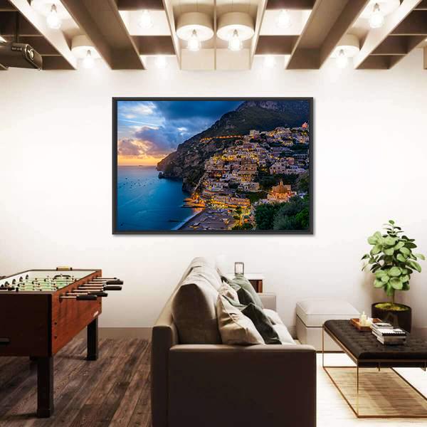 Sunset Over Positano At Amalfi Coast Canvas Wall Art-1 Piece-Floating Frame-24" x 16"-Tiaracle