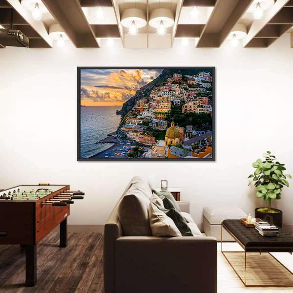 Sunset Over Positano At Amalfi Coast Canvas Wall Art-1 Piece-Floating Frame-24&quot; x 16&quot;-Tiaracle