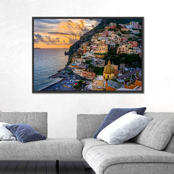 Sunset Over Positano At Amalfi Coast Canvas Wall Art-5 Horizontal-Gallery Wrap-22" x 12"-Tiaracle