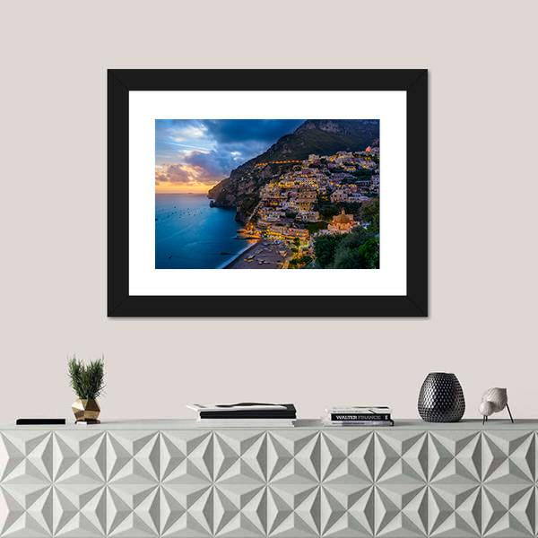 Sunset Over Positano At Amalfi Coast Canvas Wall Art-5 Horizontal-Gallery Wrap-22" x 12"-Tiaracle