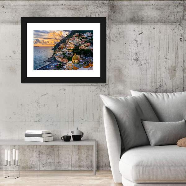Sunset Over Positano At Amalfi Coast Canvas Wall Art-5 Horizontal-Gallery Wrap-22" x 12"-Tiaracle