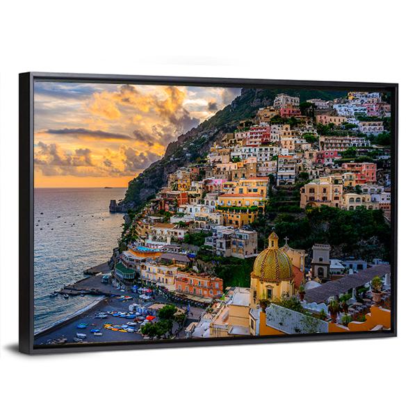 Sunset Over Positano At Amalfi Coast Canvas Wall Art-5 Horizontal-Gallery Wrap-22&quot; x 12&quot;-Tiaracle