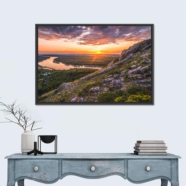 Sunset Over Rocks And River Canvas Wall Art-1 Piece-Floating Frame-24" x 16"-Tiaracle