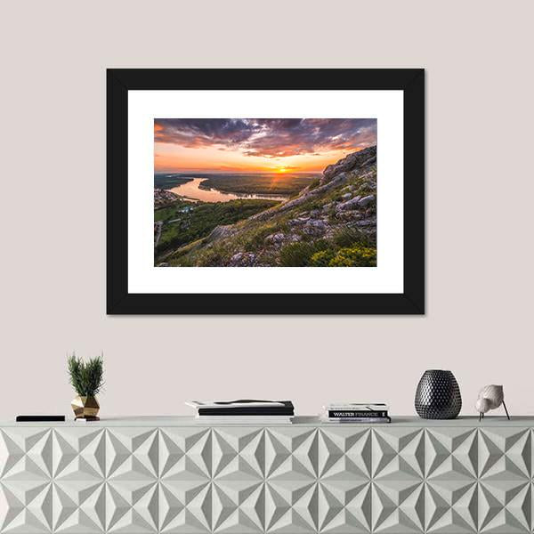 Sunset Over Rocks And River Canvas Wall Art-1 Piece-Framed Print-20" x 16"-Tiaracle