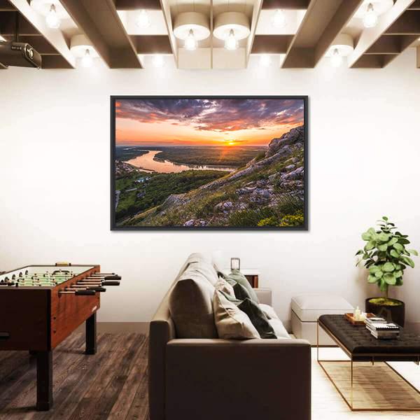 Sunset Over Rocks And River Canvas Wall Art-5 Horizontal-Gallery Wrap-22" x 12"-Tiaracle