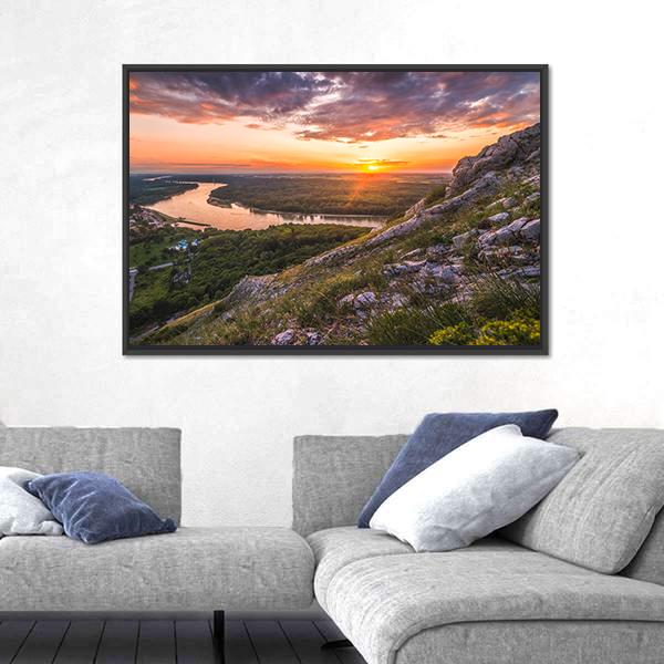 Sunset Over Rocks And River Canvas Wall Art-5 Horizontal-Gallery Wrap-22" x 12"-Tiaracle