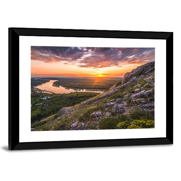 Sunset Over Rocks And River Canvas Wall Art-5 Horizontal-Gallery Wrap-22" x 12"-Tiaracle