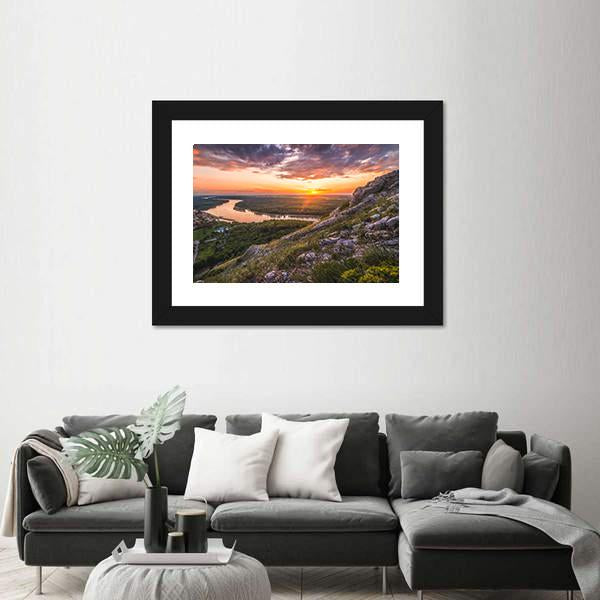 Sunset Over Rocks And River Canvas Wall Art-5 Horizontal-Gallery Wrap-22" x 12"-Tiaracle