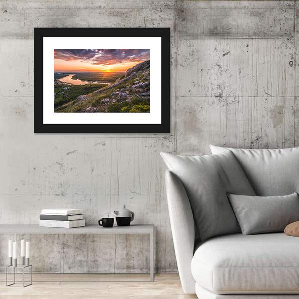 Sunset Over Rocks And River Canvas Wall Art-5 Horizontal-Gallery Wrap-22" x 12"-Tiaracle