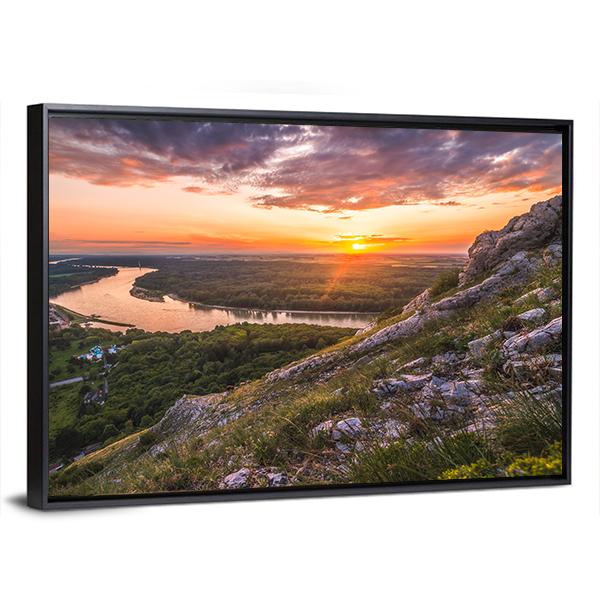 Sunset Over Rocks And River Canvas Wall Art-5 Horizontal-Gallery Wrap-22" x 12"-Tiaracle