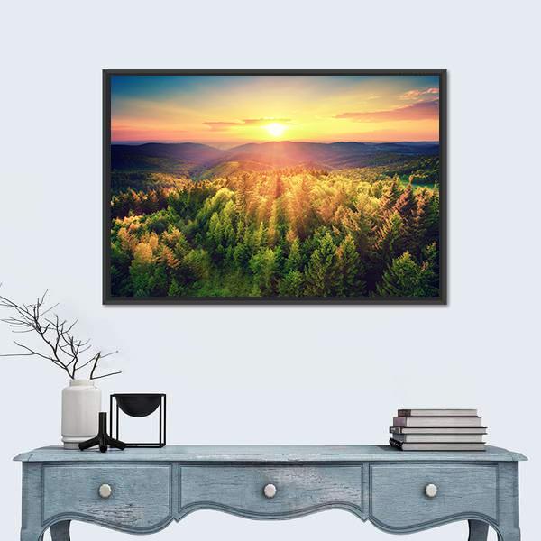 Sunset Over The Forest Hills Canvas Wall Art-1 Piece-Floating Frame-24" x 16"-Tiaracle