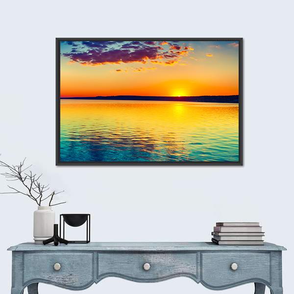 Sunset Over The Lake In Russia Canvas Wall Art-1 Piece-Floating Frame-24" x 16"-Tiaracle