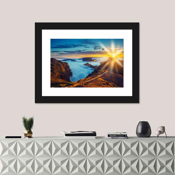Sunset Over The Mountains In Portugal Canvas Wall Art-1 Piece-Framed Print-42" x 14"-Tiaracle