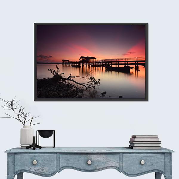 Sunset Over Wooden Jetty Canvas Wall Art-1 Piece-Floating Frame-36" x 24"-Tiaracle