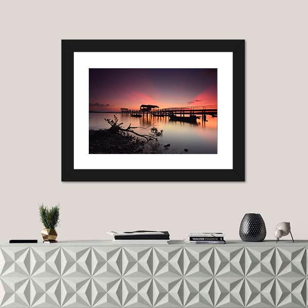 Sunset Over Wooden Jetty Canvas Wall Art-1 Piece-Framed Print-42" x 14"-Tiaracle